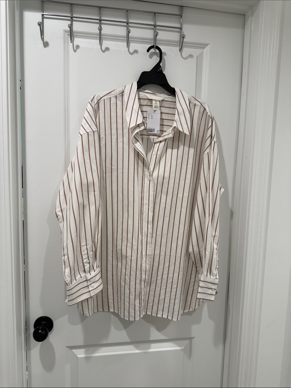 H&M Ladies White Oversized Button-Down Shirt with Brown Stripes - NWT